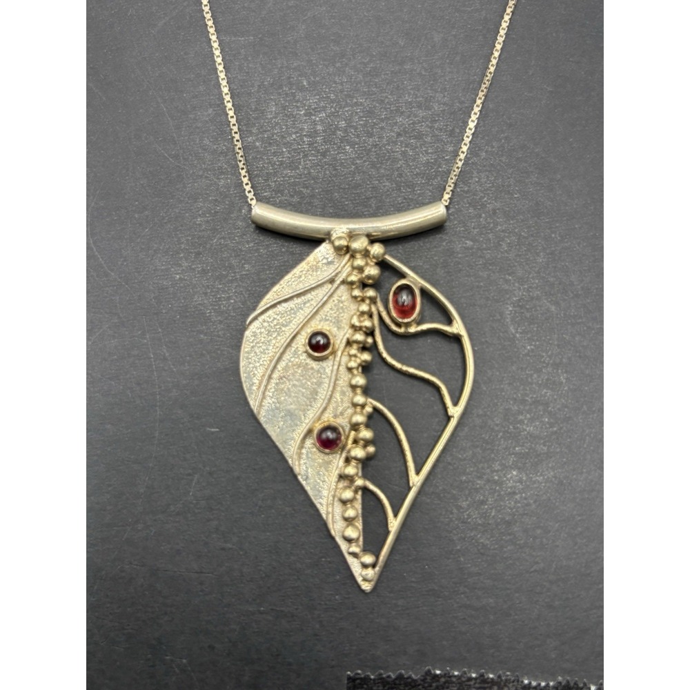 Vintage 24" Sterling Silver Garnet Leaf Pendant Necklace 925 14 Grams H5